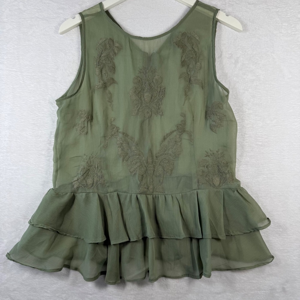 Walter Baker Sage Green Embroidered Chiffon Peplum Tank Top W52063 Womens Large